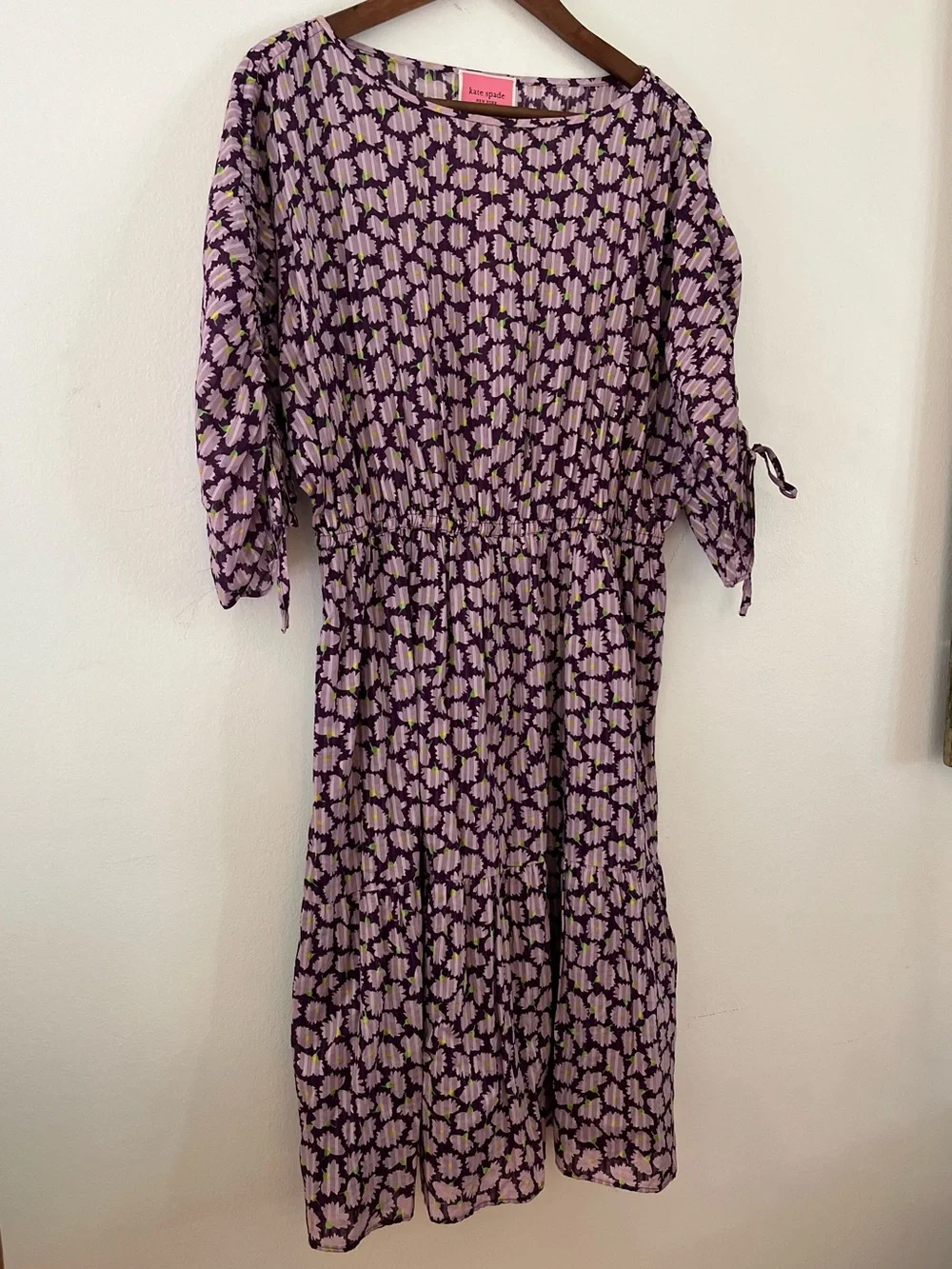Kate Spade Sunny Bloom Pleated Midi Dress Cotton Purple Floral Womens Size Large